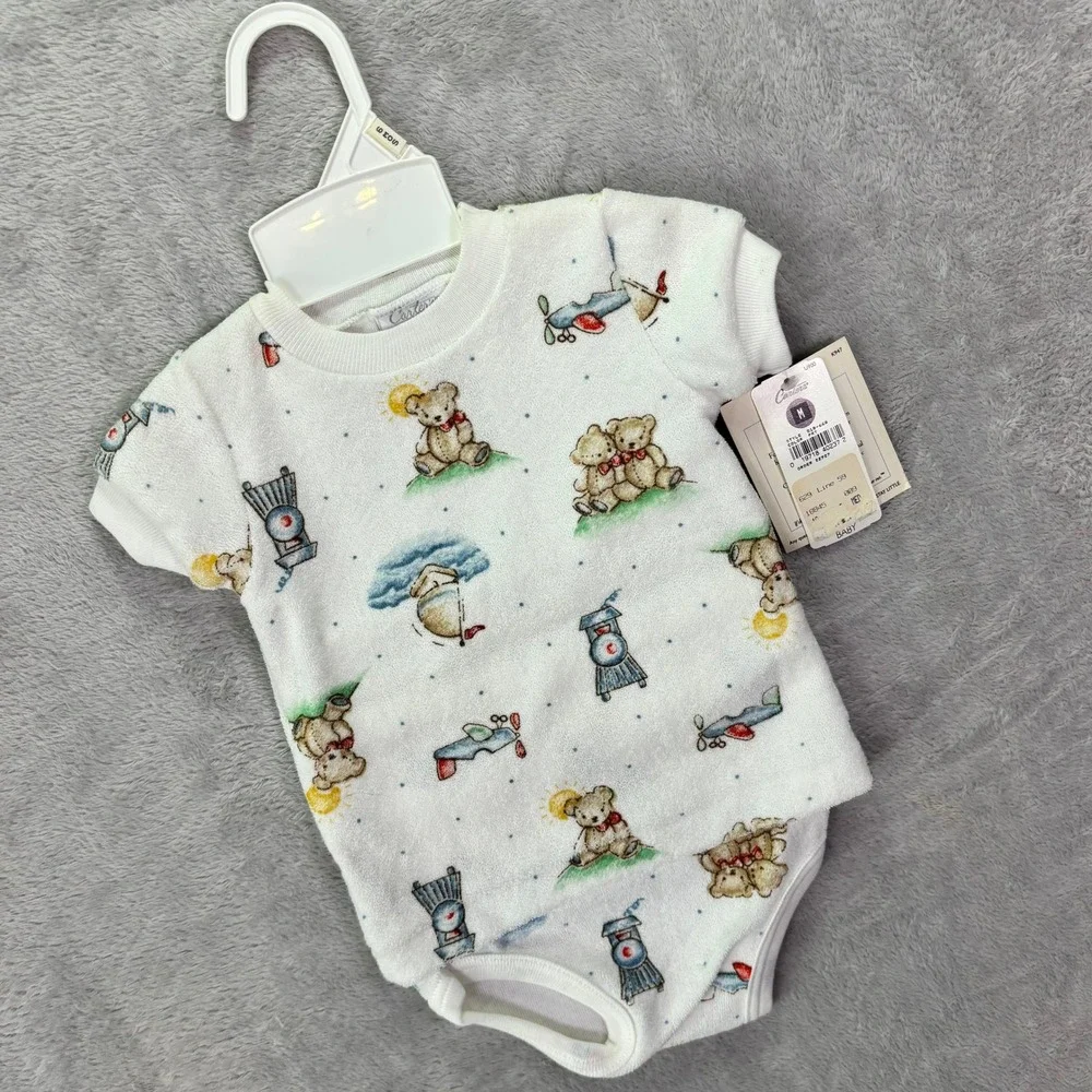NWT Carters Baby Boys 2pc Set 3-6M White Terry Cloth Vintage Bear Train Plane